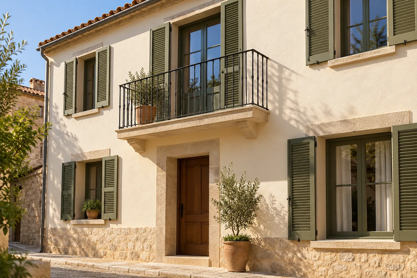 Fachada mediterránea ilustrativa con revestimiento claro y contraventanas verdes