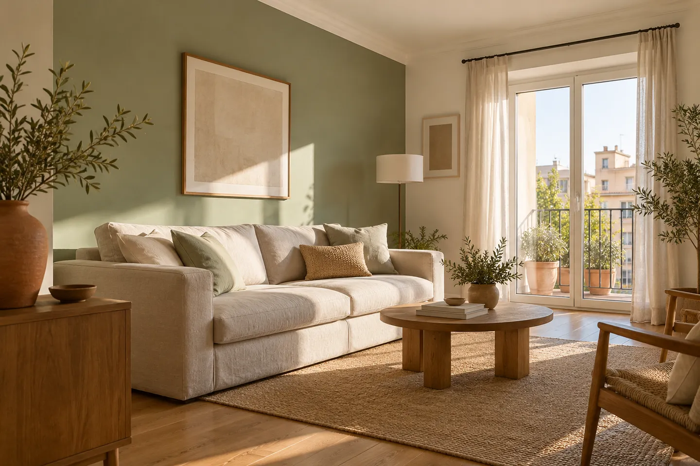 Inspiración de un salón luminoso con paredes en blanco cálido y verde salvia